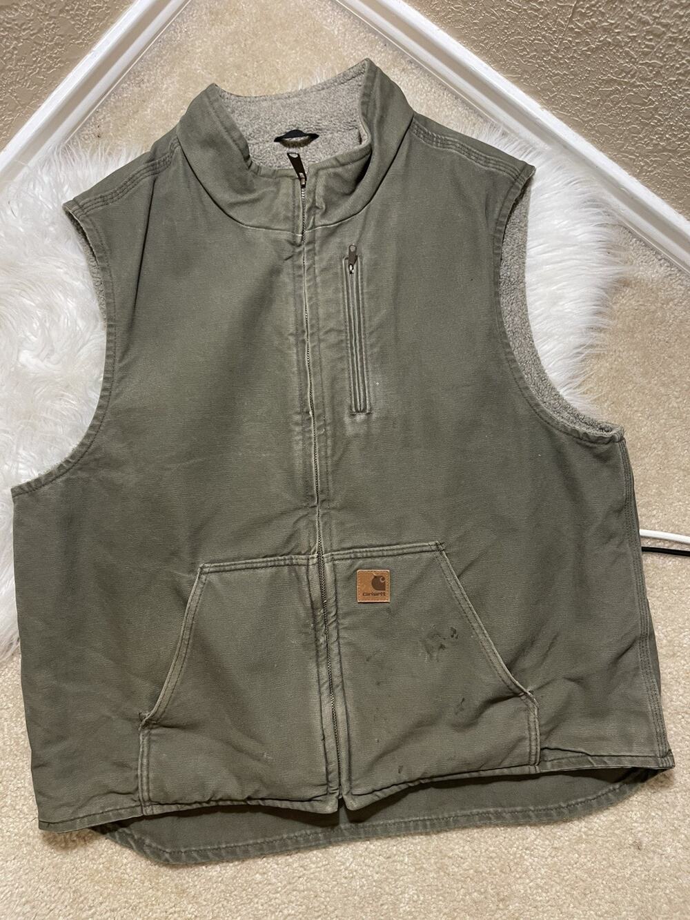 Carhartt Vest Mens X-Large Green Sherpa Lined Full Zip Workwear Utility Logo